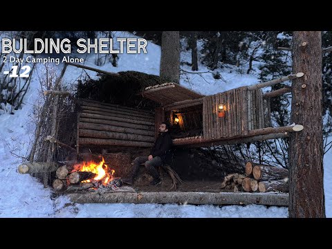 SHELTER BUILDING & No Tent Bushcraft Camp -Survival in Extreme Cold -Solo Camping in the Wilderness