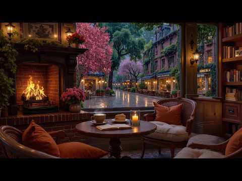 Stress Relief Rain Jazz Music ☕ Cozy Spring Cafe Ambience & Crackling Fireplace for Studying