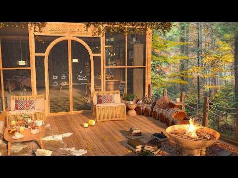 4K Warm Fireplace at Coffee Shop Ambience ☕🌸 Heavy Rain & Smooth Jazz Music for Study, and Relax