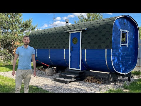 КЕДРОВАЯ БАНЯ БОЧКА 6 МЕТРОВ ПОД КЛЮЧ. КВАДРО XL. В НЕСТАНДАРТНОМ СИНЕМ ЦВЕТЕ