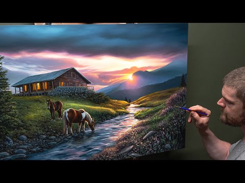 Horse Pasture at Sunset - Landscape Oil Painting