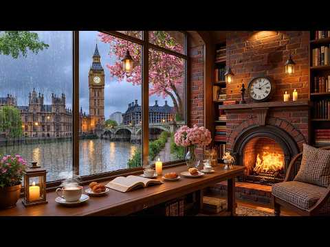 Soft Rain Coffee Shop in London β Smooth Jazz Piano & Cozy Fireplace Sounds for Work & Focus