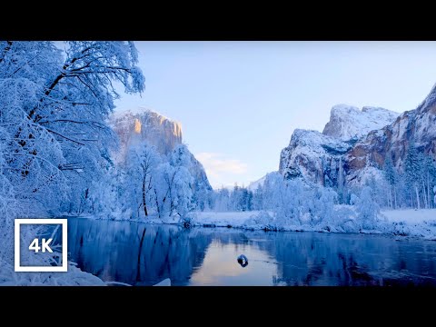 4K UHD Winter in Yosemite National Park | Snowy Merced River & Relaxing Nature, Waterfall Sounds |