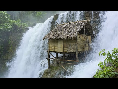 30-Day Challenge: Building a Shelter House beside a Giant Waterfall and Surviving Alone, bushcraft