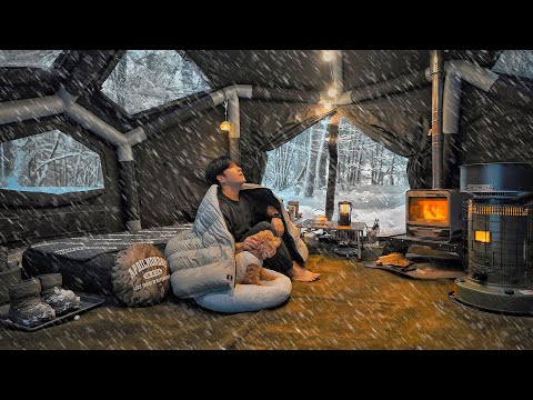 Camping in Heavy Snow with My Dog . Inflatable Hot Tent . Wood Stove ASMR