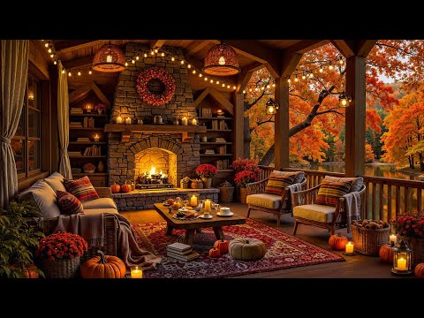 Peaceful Fall Riverside Porch 🍁 Smooth Jazz Tunes & Gentle Crackling Fireplace for Working, Studying