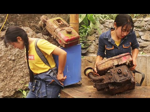 Strong girl repairs diesel engine in the mountains and leads a sheep home