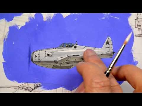 Copic marker airplane sketch + gouache background