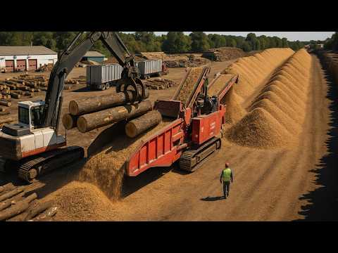 Wood Grinders That Eat Whole Trees in Seconds. Heavy Forestry Machines and Recycling Technology