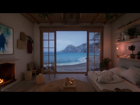 Rainy Spring Day, Beach House Ambience | Rain, Crackling Fire, Wave Sounds