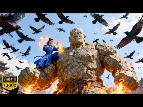 Attacked by thousands of crows, the boy summons a giant stone golem to wipe them out!