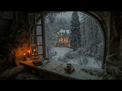 Gothic Castle Window Ambience | Dark Instrumental Academia for Reading, Studying | Snow Falling