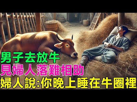 民間故事：男子去放牛，見婦人落難相助，婦人說：你晚上睡在牛圈裡