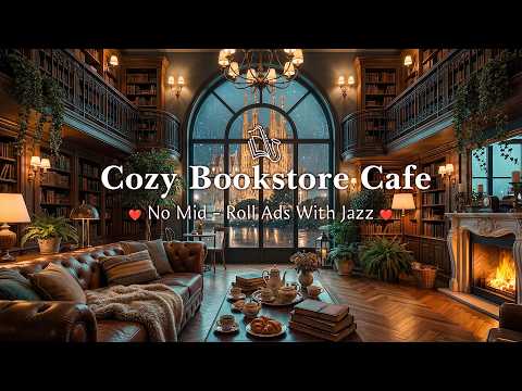 Relaxing Winter Ambience at a Cozy Bookstore Cafe ☕Smooth Jazz Piano & Snowfall for Reading, Working