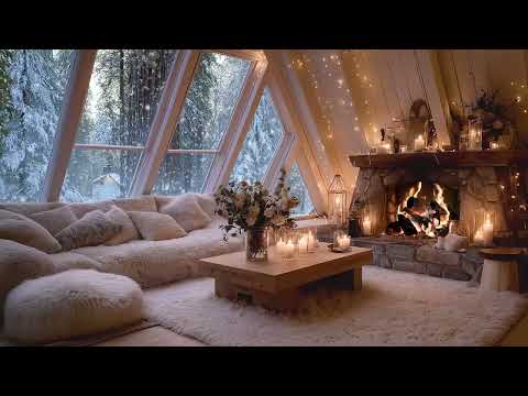 Cozy Winter Piano Lounge | Fireplace Glow, Falling Snow | Deep Focus, Relax, Study, Meditation ASMR