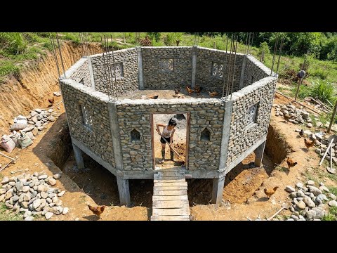 Building a Chicken Farm on the Mountainside Behind the New House with Stone and Cement