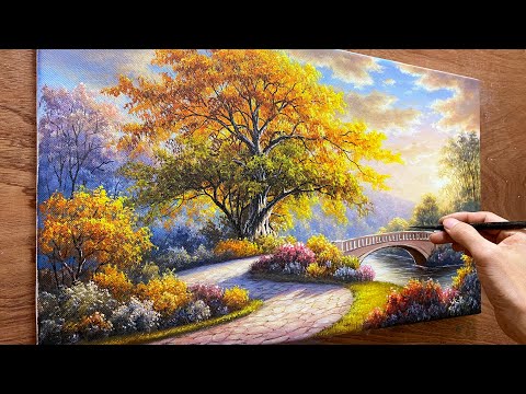 How to draw a landscape with a bridge over a stream / Acrylic landscape painting / Art paintings.