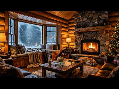 4K Cozy Cabin Fireplace: Heavy Blizzard & Sleeping Dog (35 Min)
