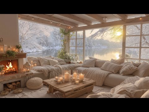 Warm Winter Afternoon by the Lake ❄️ | Gentle Piano and Crackling Fire for Relaxation
