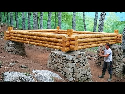 Man Builds House Out of Wood and Stone in The Woods with Homemade Roof Tiles by @PrimitiveSkillsnet⁩
