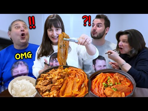 Canadians Try Korean Braised Pork with Kimchi (Kimchi Jjim) for the First Time! Mukbang Korean Food