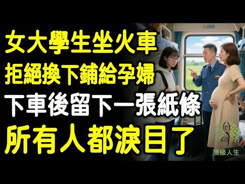 女大學生坐火車回老家時，拒絕把下鋪換給孕婦，遭全車廂人譴責，下車後留下一張紙條，所有人看後傻眼！