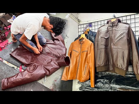 Process of Making Handmade Leather Jackets By Experts. Custom Made Long Leather Coat.