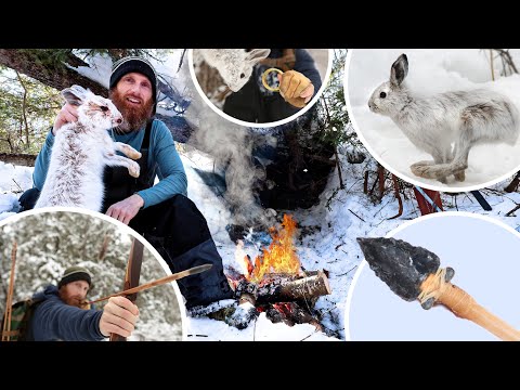 Eating Only What I Catch SURVIVAL in DEEP SNOW (NO Food, Water, Shelter) | Stone Arrows, Bow, Wire