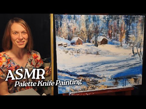ASMR Palette Knife Painting: Cabins on a Snowy Hillside (Soft Spoken, 2 Hours)