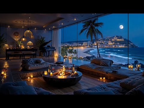 4K Tranquil Coastal Nightscape 🌊 Soft Piano Jazz in Luxury Apartment for Study, Relax & Sleep
