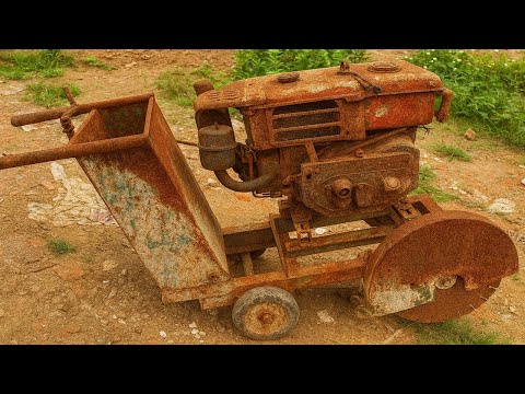 Restoration Old Rusty Massive Broken Industrial Concrete Cutter Found in a Scrap Yard
