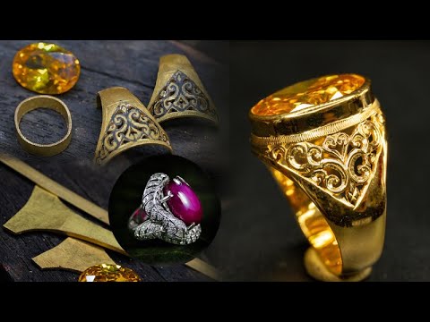 แหวนทองผู้ชาย พลอยเหลือง ฉลุลายไทย  How to make a men's gold ring