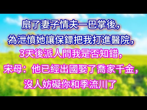 【完结】扇了妻子情夫一巴掌後，為泄憤她讓保鏢把我打進醫院，3天後派人問我是否知錯，宋母：「他已經出國娶了喬家千金，沒人妨礙你和季流川了」