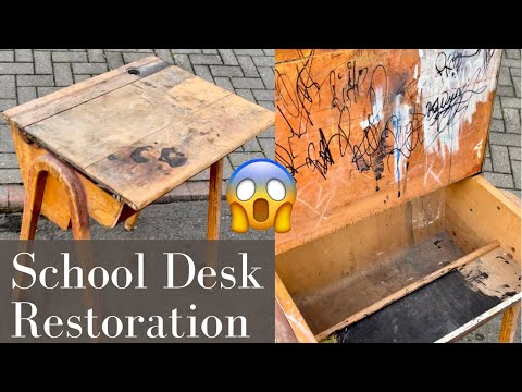 VINTAGE School Desk RESTORATION. Custom Brass Inlay and Walnut veneer.