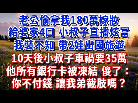 老公偷拿我180萬嫁妝給婆家4口，小叔子直播炫富，我裝不知，帶2娃出國旅遊。10天後小叔子車禍要35萬，他所有銀行卡被凍結，傻了，語音轟炸99條：你不付錢 讓我弟截肢嗎？#小魚故事會#為人處世