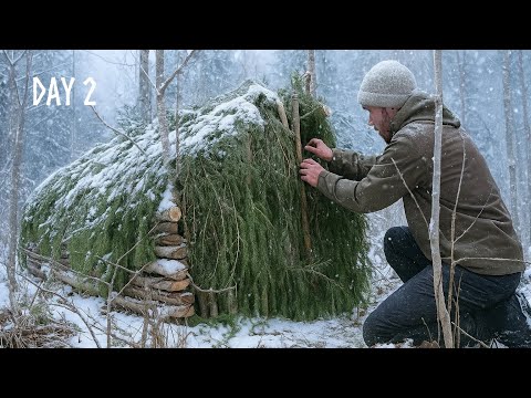 3 Days WINTER Camping: Building a Cozy Shelter