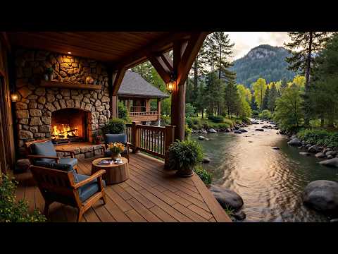 Peaceful Day with Soothing Piano Jazz & Crackling Fireplace on Cozy Riverside Porch Ambience