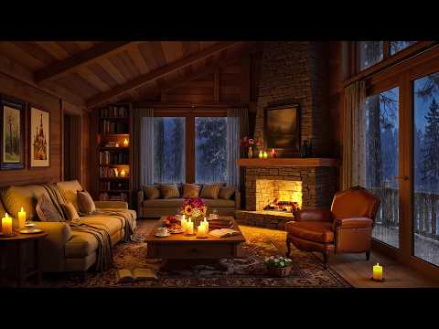 Soothing Jazz & Fireplace Sounds with Rain On Window to Unwind - Cozy Cabin Ambience