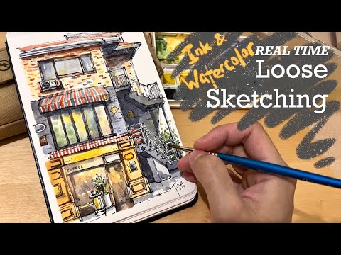 How I sketch an urban scene with ink and watercolour| shops in Seoul