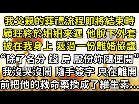我父親的葬禮流程即將結束時,顧玨終於姍姍來遲 他脫下外套披在我身上 遞過一份離婚協議,“除了名分 錢 房 股份妳隨便開”我沒哭沒鬧 隨手簽字, 只在離開前把他的救命藥換成了維生素...