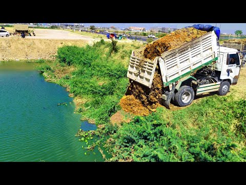 Nicely Job New Project!Truck Filling land Deep Hugelake Develop Of City,Skill Bulldozer Pushing Soil