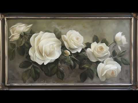 white rose painting and ancient dark frame/ silence