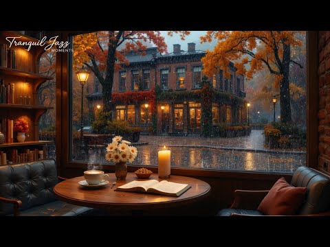 Autumn Rain Sounds & Warm Coffee Shop Space 🍂 Gentle Jazz Piano Music For Coffee Shops, Stores #12