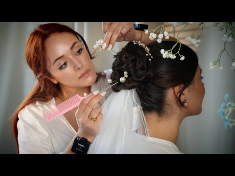 Bridal Elegant Hairstyle Trial | High Messy Bun with Tiara & Veil |Relaxing Soft Spoken ASMR Styling