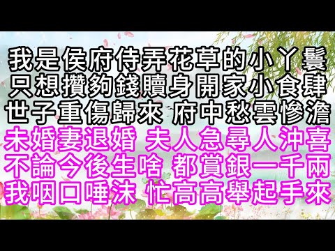 我是侯府侍弄花草的小丫鬟，只想攢夠錢贖身，開家小食肆，世子重傷歸來，府中愁雲慘澹，未婚妻退婚，夫人急尋人沖喜，不論今後生啥，都賞銀一千兩，我咽口唾沫，忙高高舉起手來【幸福人生】#為人處世#生活經驗