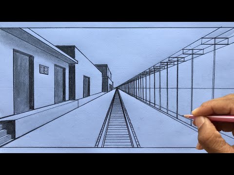 How to Draw using 1-Point Perspective: Train Track and House Step-by-step
