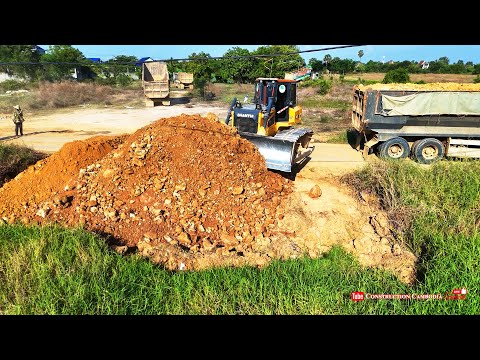 Nice Operation, Landfill Size 30mx50m By Skill Dozer Pushing Soil And Many Dump Trucks Dumping Soil