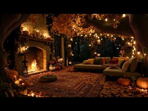 Peaceful Pumpkin Fall Night 🎃 Cozy Porch Ambience with Jazz, Rain & Fireplace Glow