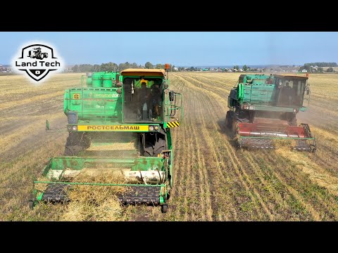 Сразу 4 комбайна ДОН-1500Б работают на подборе валков пшеницы! Т-150К вывозит зерно с поля!