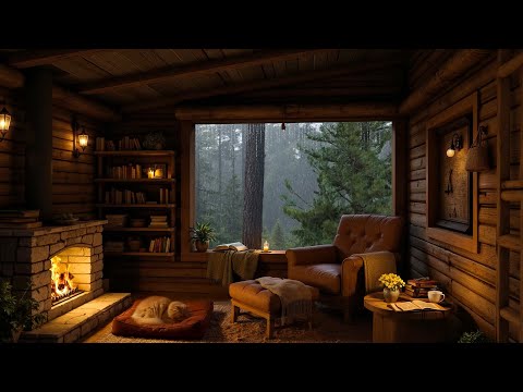 Peaceful Rainy Reading Nook Ambience | Soothing Jazz Music, Rain & Fireplace Sounds for Unwind